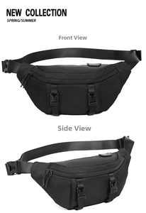 Detail view of black outdoor chest bag with nylon material and adjustable quick-release buckle