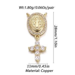 Detail view of 18K gold plated St. Benedict medal with cubic zirconia cross pendant