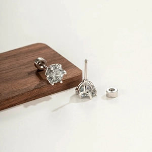 Silver geometric heart cartilage piercing earrings with grey zircon stones in 6-prong setting