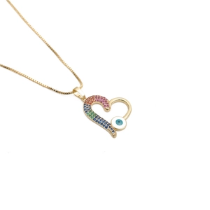 Gold box chain necklace featuring a rainbow crystal and blue enamel evil eye heart pendant