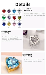 Macro detail of 316 stainless steel heart charms with 12 birthstone colors and prong setting