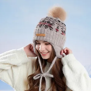 Women's Winter Earflap Beanie Hat Thermal Wool Blend Knit Pom Pom Hat Fair Isle Jacquard Pattern Windproof Outdoor Cold Weather Hat