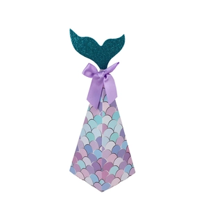 Mermaid party favor box with shimmering teal tail and pastel scale pattern design
