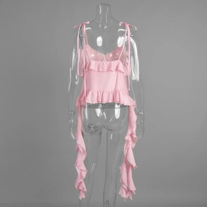 Detailed back view of pink ruffled tank top featuring long flowing chiffon streamers