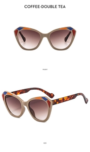 Detailed front and side view of cat-eye glasses with tortoiseshell temples and tricolor accents