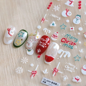 3D embossed Christmas nail art stickers featuring snowmen, rabbits and snowflakes