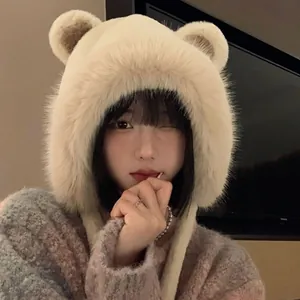 Cute plush bear ear beanie hat for women in creamy white warm faux fur winter style