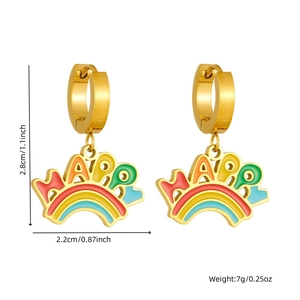 Detail view of happy rainbow gold earrings with 2.8cm height and 2.2cm width dimensions