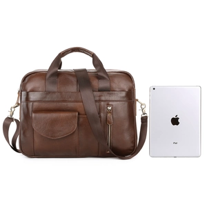 Men's dark brown genuine leather business messenger bag with adjustable strap and handles
