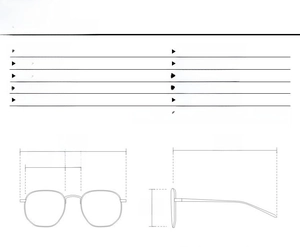 Detailed size chart for square sunglasses showing lens width and frame dimensions