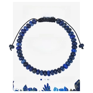 Detailed view of blue lapis lazuli beaded bracelet on an educational gift card