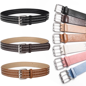 Punk hip hop leather belt with metal star rivets and double buckle closure in multi colors