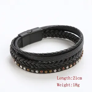 Handmade woven leather multi-layer bracelet with metal rivets and magnetic buckle for men