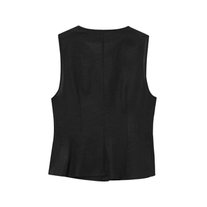 Black linen blend sleeveless vest top with double-breasted design and back seam detail