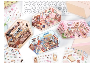 Creative 3D scene stickers featuring cafe and supermarket themes for DIY journaling
