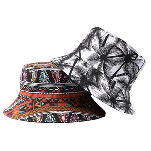 Fisherman bucket hats with exotic palm tree and colorful geometric prints for sun protection