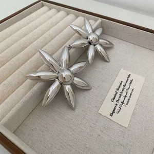 Elegant large silver floral metal earrings with polished daisy petal design
