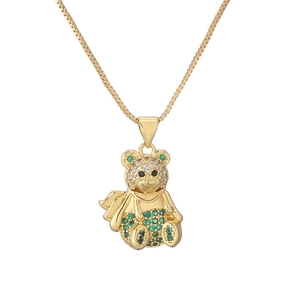 Gold plated teddy bear pendant necklace with white and green zircons on a box chain