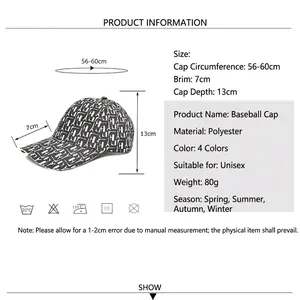 Casquette de baseball unisexe en polyester avec guide des tailles 56-60 cm pour le plein air