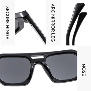 Detail view of secure hinges, arc mirror legs, and comfortable nose pads on pilot sunglasses