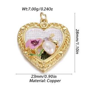 Detailed view of heart pendant with enamel flowers and weight 7.00g in copper