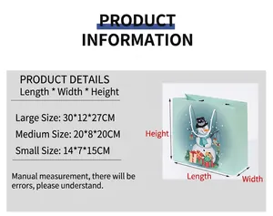 Detailed size guide showing small, medium, and large dimensions for festive gift bags