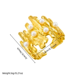 Irregular lava texture gold plated stainless steel ring with six pearls for women