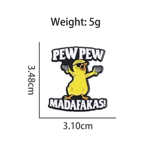 Cartoon yellow duck enamel pin with sunglasses and pew pew text for hats and clothes
