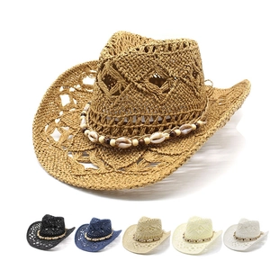 Chapeau Cowboy Paille Papier Respirant Ajouré Protection Solaire Large Bord Plage Été Bohème Coquillage Perles Bois