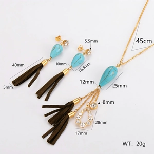 Parure de bijoux vintage en acier inoxydable avec turquoises et glands marron chic