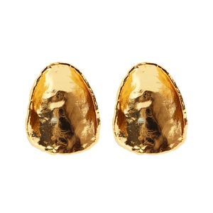 Artistic hammered gold oval stud earrings with an abstract textured metal finish