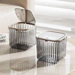Mini Desktop Trash Can Transparent Gray PET Plastic Waste Bin With Press Lid Striped Texture For Vanity Office Bedroom