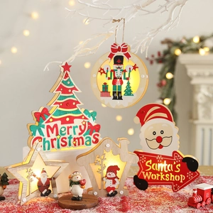 Christmas Wooden LED Light Up Ornaments Desktop Decor Santa Snowman Reindeer Festive Holiday Home Party Decoration