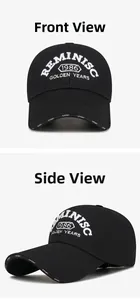 Detailed close-up of 1986 embroidery and SPORT print on black cotton baseball cap