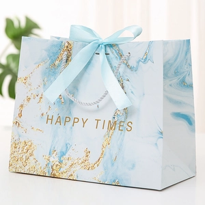 Marble Pattern Paper Gift Bag With Ribbon Bow Handheld Packaging For Wedding Party Celebration Happy Times