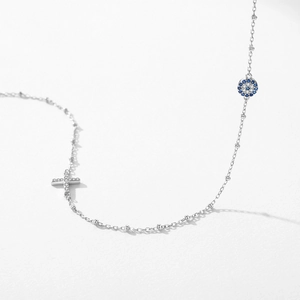 S925 sterling silver satellite chain necklace with crystal cross and blue evil eye charms