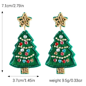 Detail of handmade beaded Christmas tree earrings with size 7.1cm x 3.7cm and rhinestones