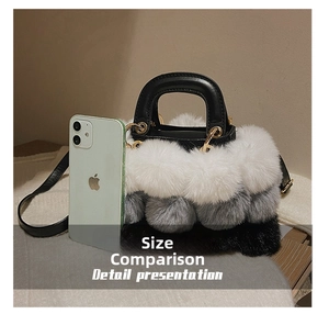 Size comparison of fuzzy gradient fur handbag next to a smartphone on a soft fabric