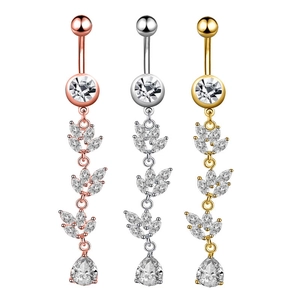 Three-piece belly ring set in rose gold, silver, and gold with leaf and teardrop zircon pendants