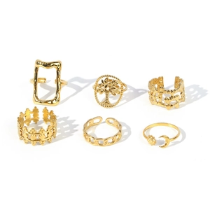 6-piece gold stainless steel ring set with tree of life and vintage sun moon patterns