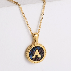 Women Stainless Steel 18K Gold Plated Round Initial Letter Pendant Necklace With Colored Shell Mother Of Artificial Pearl