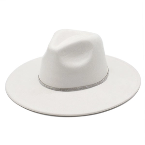 White wide brim fedora hat with sparkling rhinestone band on a clean white background