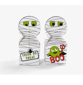 Detail of Mummy-themed Halloween candy boxes with spider patterns and Boo text