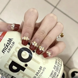 Handmade Press On Nails Wine Red French Style With Rhinestones Artificial Pearls Short Artificial Nails For Women Elegant Luxury