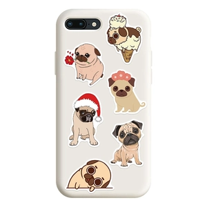 Close-up of cute pug cartoon stickers on an ivory white silicone phone case surface