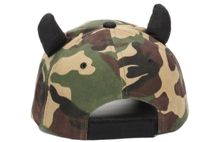 Rear view of camouflage baseball cap with decorative black devil horns and adjustable strap