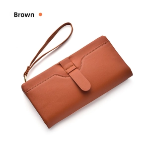 Women long PU leather wallet clutch with wrist strap elegant daily brown purse card holder