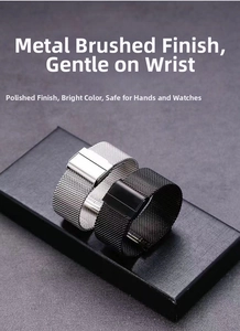 Polished silver and black mesh watch straps with brushed stainless steel finish