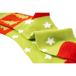 Close-up of Christmas knit socks featuring green pine trees and white star patterns