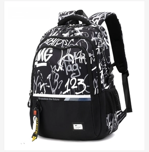 Detail of street graffiti backpack featuring reflective safety strap and mesh side pocket